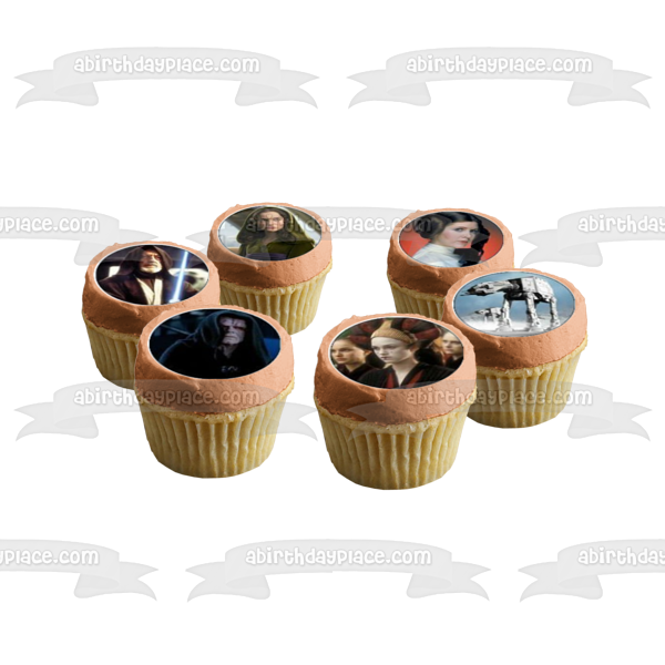 Star Wars Classic Logo Luke Skywalker Chewbaca Princess Leia Darth Vader Light Sabers and Yoda Edible Cupcake Topper Images ABPID05688 Online now