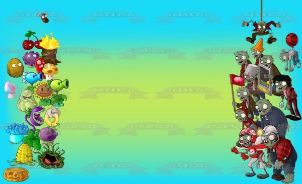 Plants Vs Zombies Peashooter Sunflower Scardey-Shroom and Zombies Frame Edible Cake Topper Image Frame ABPID05325 For Cheap