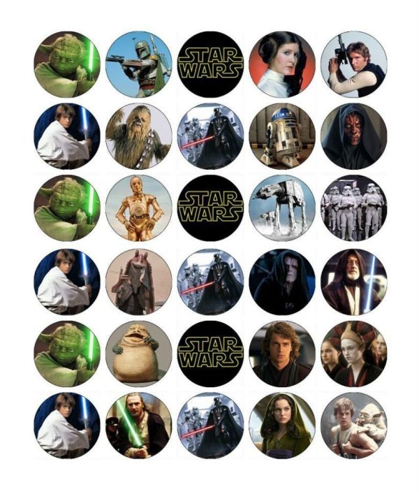 Star Wars Classic Logo Luke Skywalker Chewbaca Princess Leia Darth Vader Light Sabers and Yoda Edible Cupcake Topper Images ABPID05688 Online now