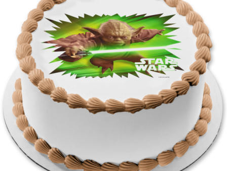 Star Wars Logo Yoda with a Green Lightsaber Edible Cake Topper Image ABPID05696 Hot on Sale