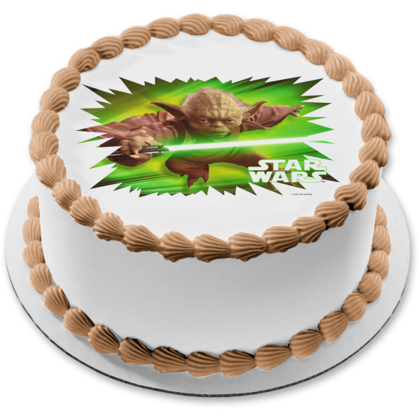 Star Wars Logo Yoda with a Green Lightsaber Edible Cake Topper Image ABPID05696 Hot on Sale