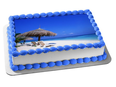 Beach Scenery Sand Ocean and Beach Chairs Edible Cake Topper Image ABPID05558 Supply