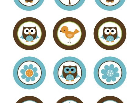 Baby Owls Birds Blue Brown Gerber Daisy and a Mushroom Edible Cupcake Topper Images ABPID04721 For Sale