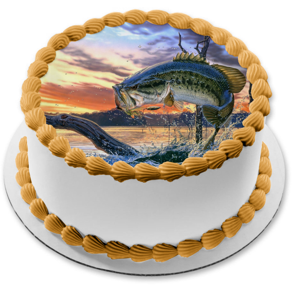 Bass Fishing Fish Out of Water Sunset Edible Cake Topper Image ABPID04589 Cheap