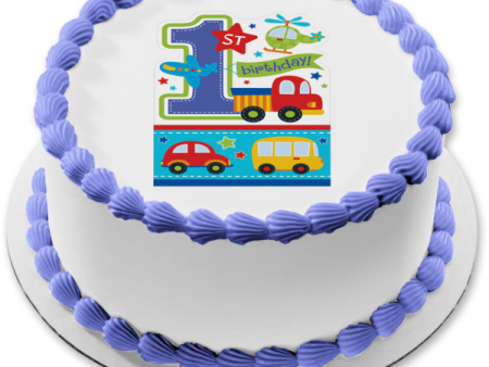 All Aboard Vehicles 1st Birthday Helicopter Truck and a Car Edible Cake Topper Image ABPID04638 on Sale